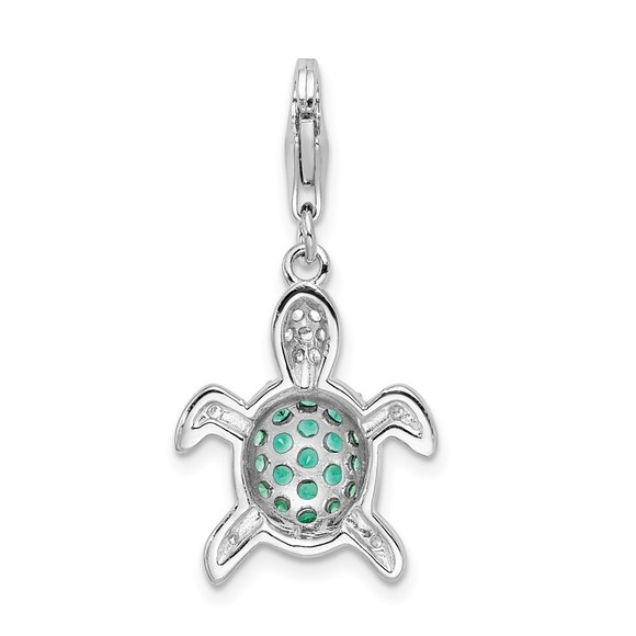 925 Sterling Silver Green & Clear CZ Turtle Bracelet Charm w Fancy Lobster Clasp - Picture 3 of 4